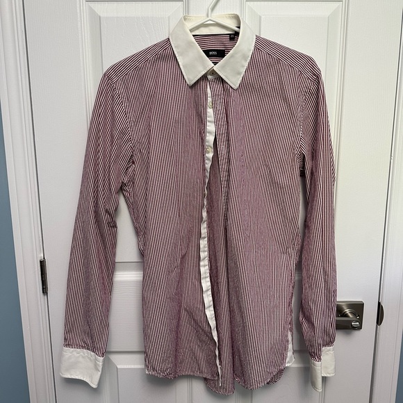 Hugo Boss 39 15.5 white collar cuff red white stripe dress shirt - Picture 1 of 4